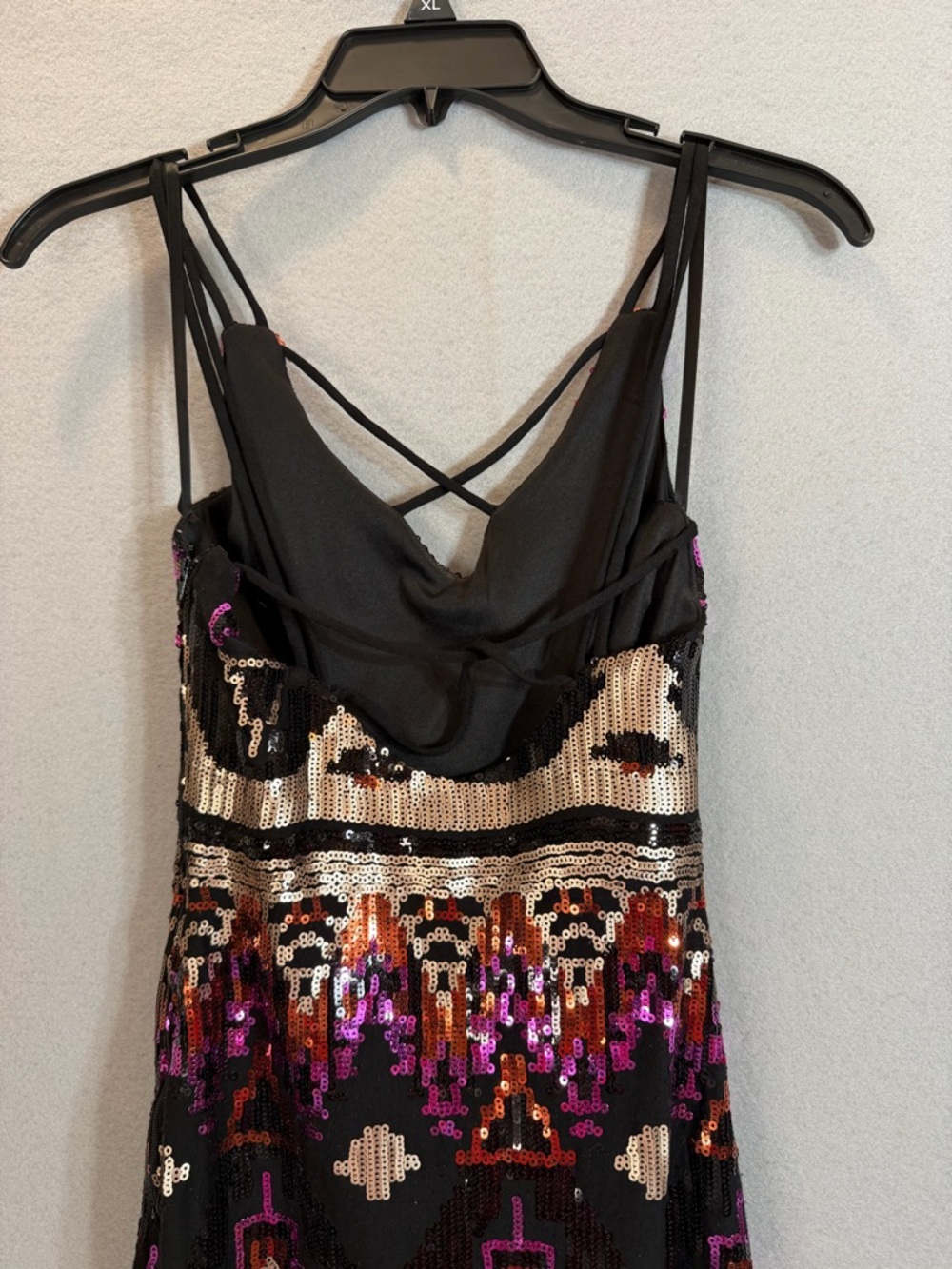 Sequin Mini Dress Size 1 Black Pink Geometric Aztec Strappy Party - Picture 5 of 15